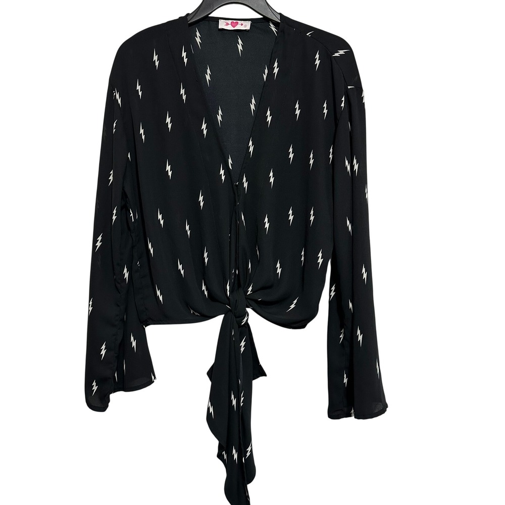 Buddy Love Blouse Women Black Lightning Bolt Tie Front Bell Sleeve Top Small